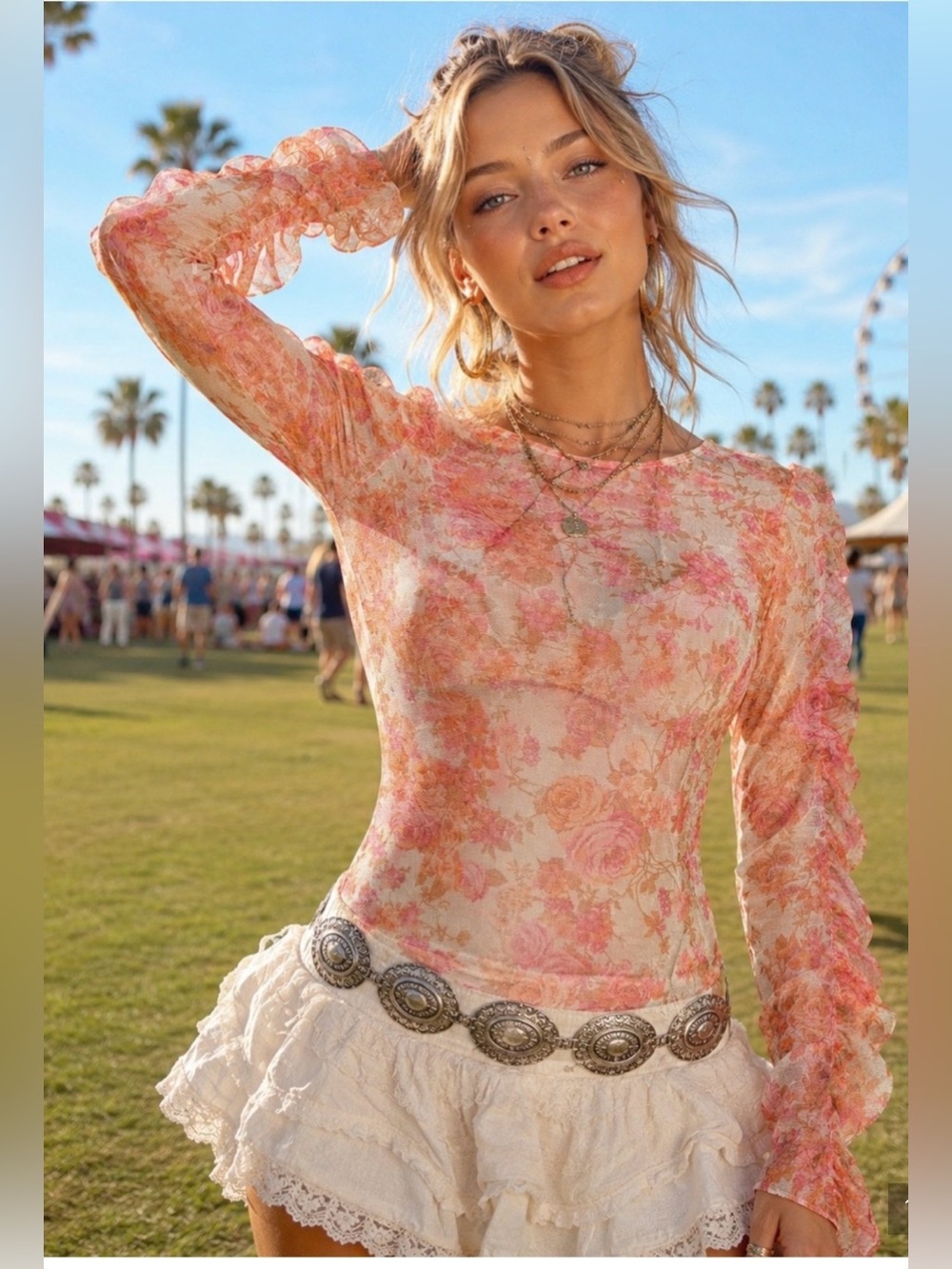 ZARA Sheer Floral Long-Sleeve Mesh Top in Peach Pink size Medium